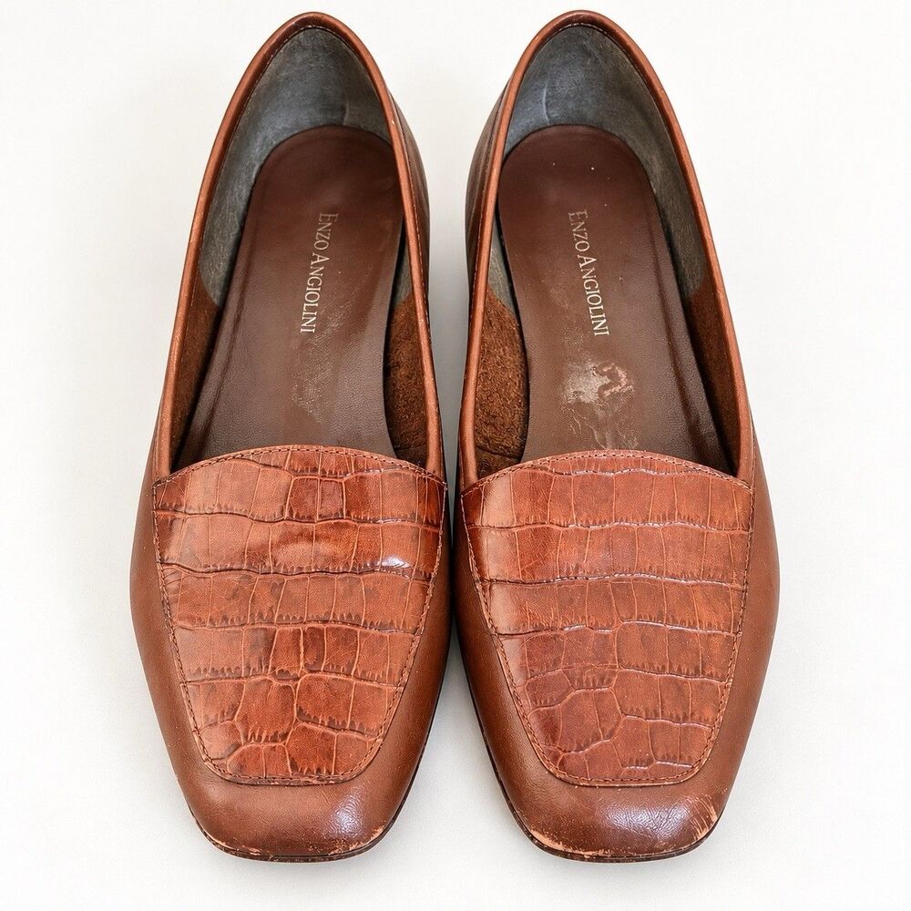 Enzo Angiolini Brown Leather Croc Embossed Square Toe Loafers Shoes 7W